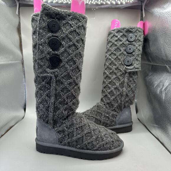 UGG Australia Cardy Boots Womens Size 5 Gray Knit Button Tall Sweater Winter - Picture 1 of 12